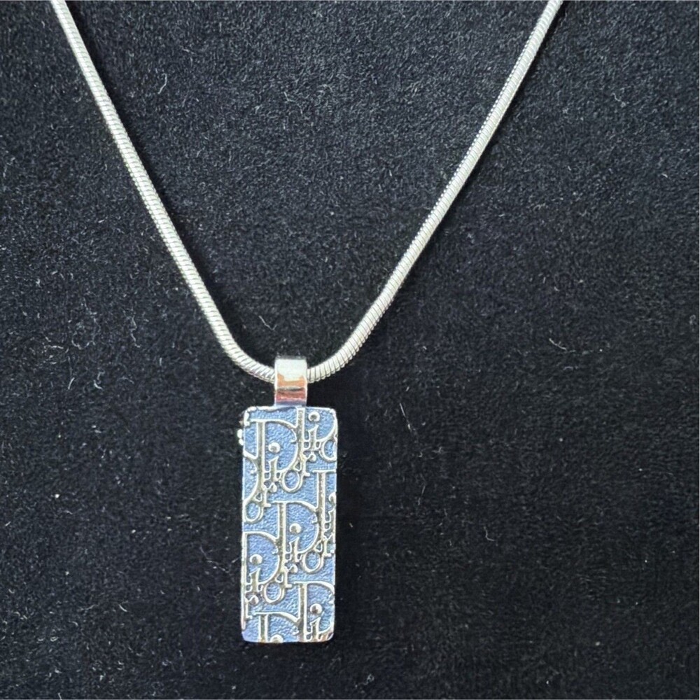 Vintage Christian Dior Blue Trotter Oblique Bar Pendant Rhinestone Necklace Y2K⁠
